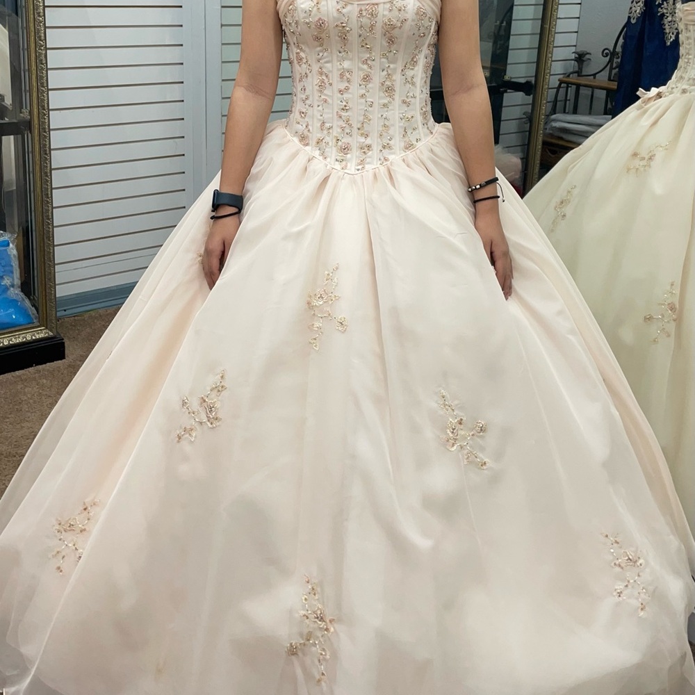 Elegant Cream Ball Gown with Floral Embroidery/Quinceañeras